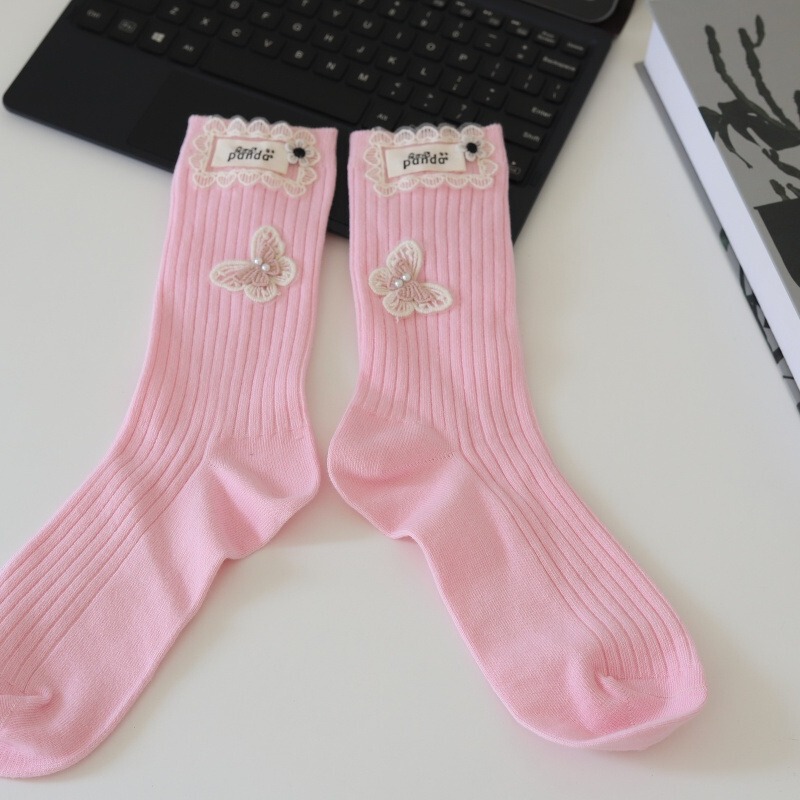 New Pink Three-Dimensional Flower Socks for Women, Mid-Calf Socks, Trendy Cotton Socks Paired with Loafers, Internet Celebrity Style, Autumn and Winter Socks Wholesale