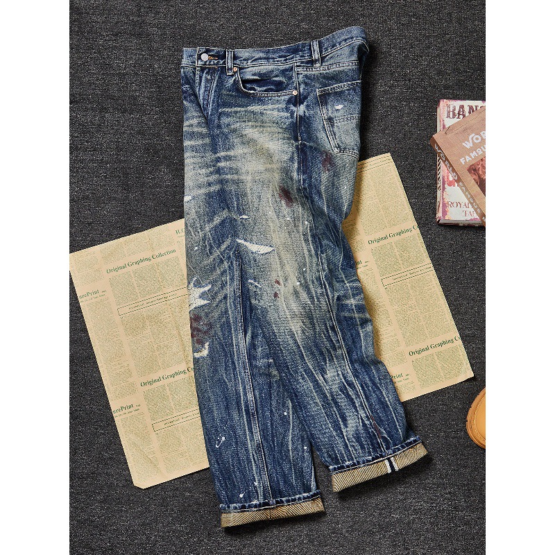Men's Premium Heavyweight Vintage Jeans – Streetwear Distressed Washed Denim Pants, Relaxed Straight-Leg Fit, Light Blue_mkmklike.com