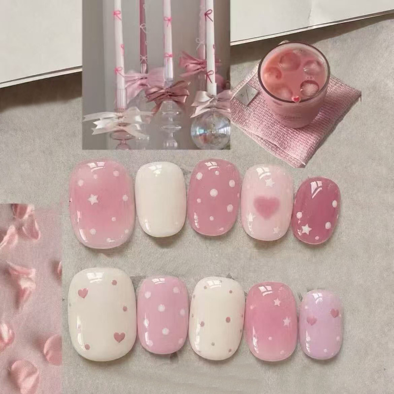 Water-gloss macaron heart-shaped polka dot press-on nails with jelly pearl bows, Korean-style sweet girl false nail patches Water-gloss macaron heart-shaped polka dot press-on nails with jelly pearl bows, Korean-style sweet girl false nail patches