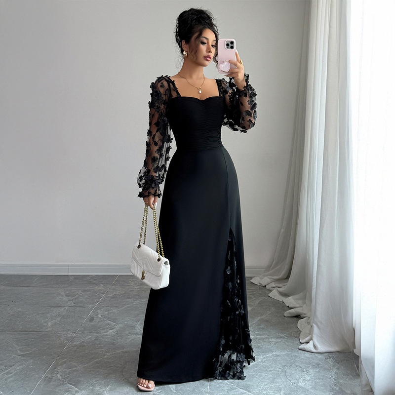 Cross-Border European and American Elegant and High-End Long-Sleeve Long Dress Women's Clothing 2025 Autumn and Winter Amazon Independent Site