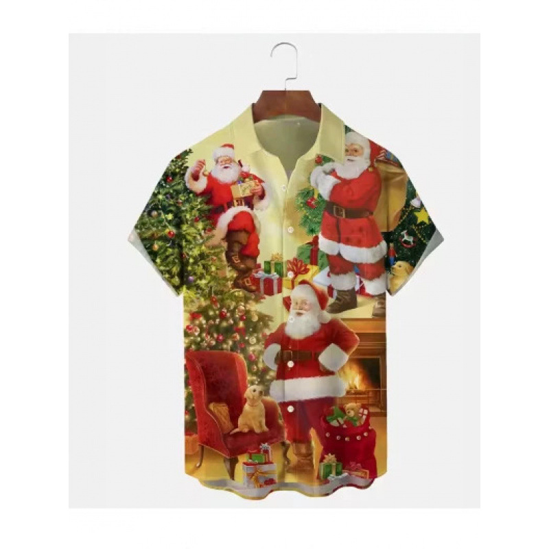 Retro Funny Santa Claus Print Men's Hawaiian Shirt Short Sleeve Turn-down Collar 2026 New Year Holiday Shirt