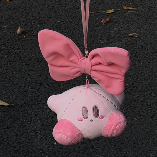 Cartoon Star Kirby Car Ornament Girl Bow Car Hanging Decor Plush Schoolbag Small Ornament