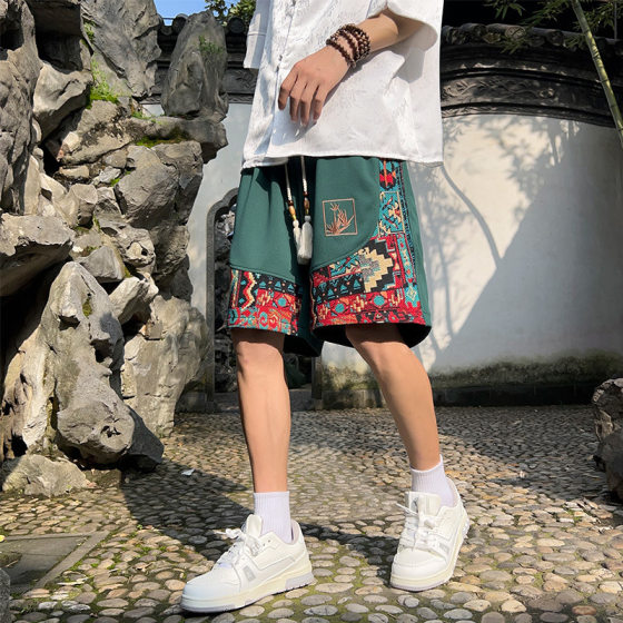 New Chinese Style Embroidered Shorts Men's Summer Loose Casual National Trend Mid-Pants Trendy Brand Large Size Sports Pants