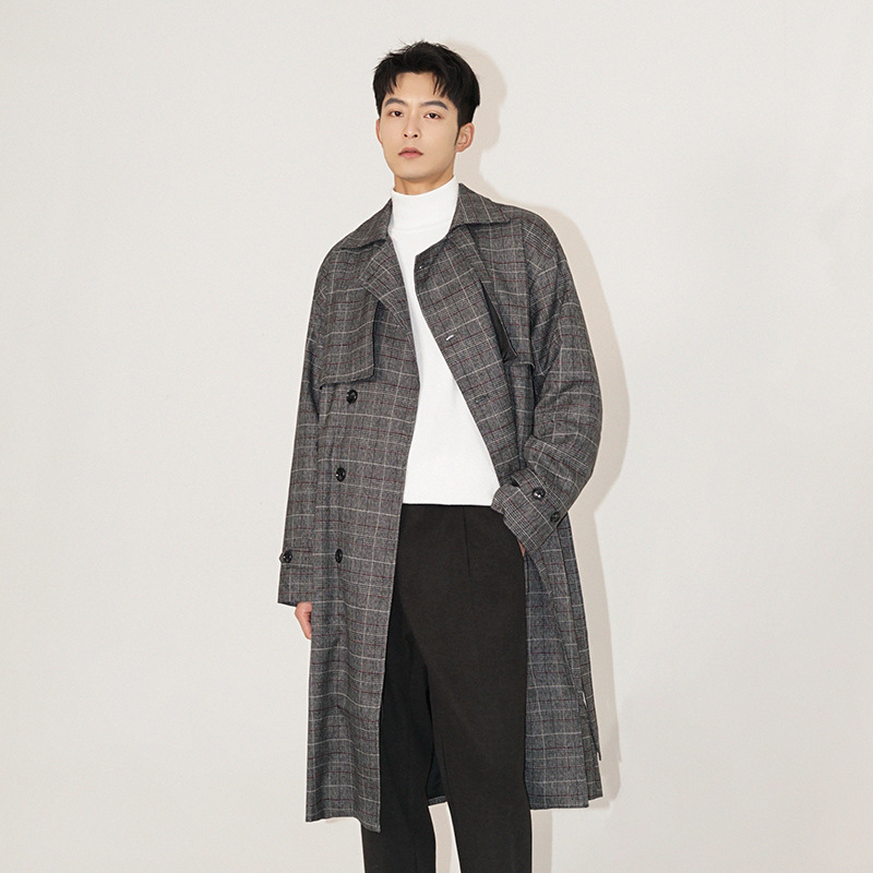 【清仓】秋季格子情侣风衣韩版潮流中长款大衣男士帅气chic过膝外
