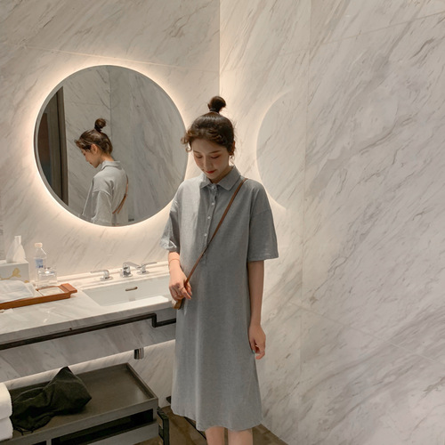 Maternity summer loose plus-size petite fashionable black polo shirt T-shirt middle-length casual dress