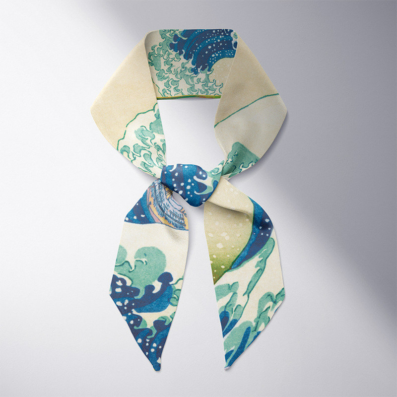 Verano larga pequeña bufanda de seda femenina Van Gogh campo de trigo cielo estrellado pintura al óleo delgada estrecha larga pequeña bufanda de seda corbata de pelo decoración femenina