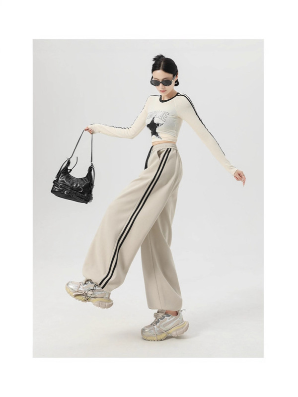 美式运动裤女春秋2025新款卫裤侧条纹休闲裤高腰显瘦阔腿裤子女|undefined