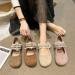 2025 Spring/Summer New Arrival Women's Flat Mary Jane Shoes with Velcro Strap, Casual & Versatile Design&mdash;Featuring a Soft, Pearl-Embellished Sole