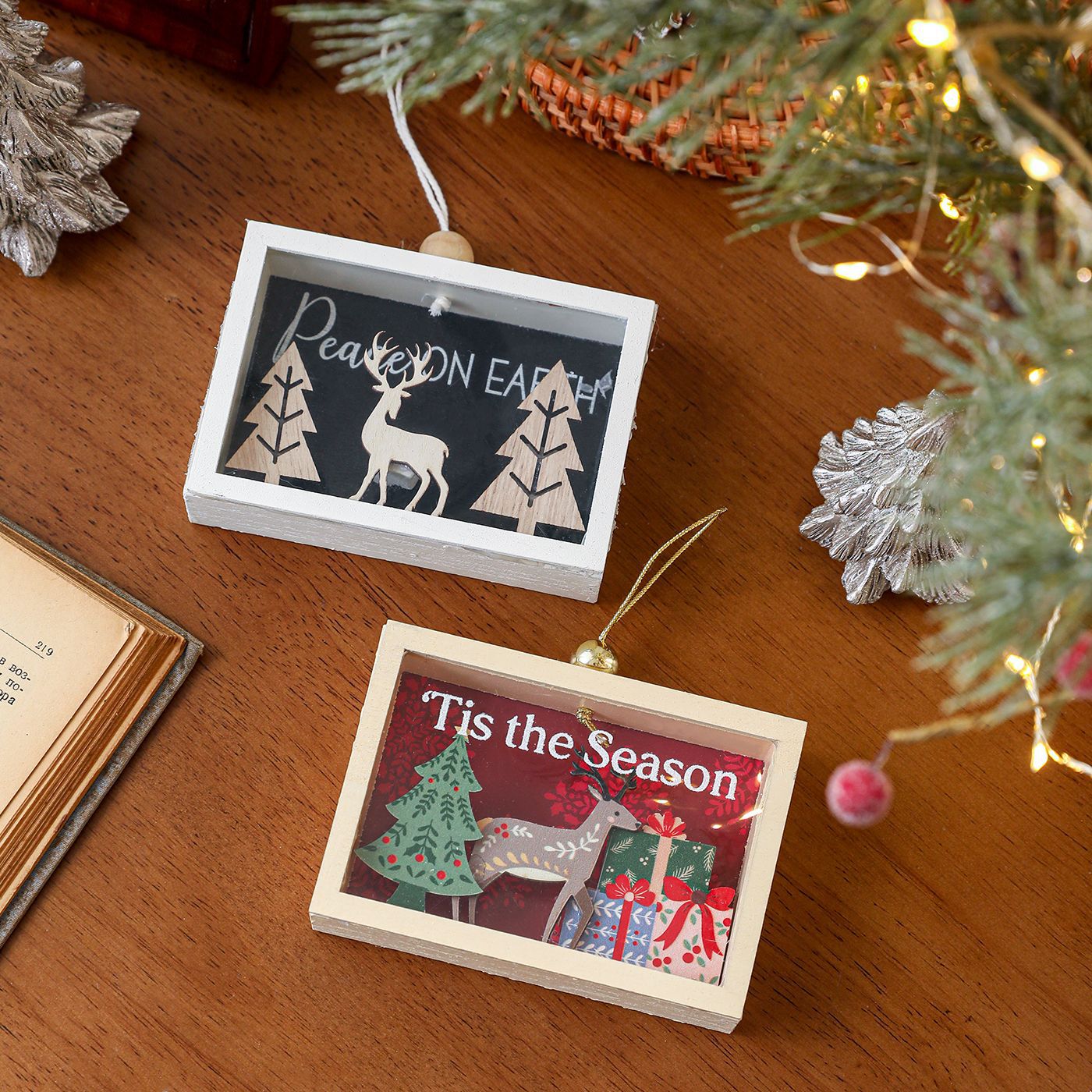 Nuevos colgantes de madera transfronterizos caja de decoración de escritorio tridimensional de alta calidad alce decoración de árbol de Navidad diseño colgante