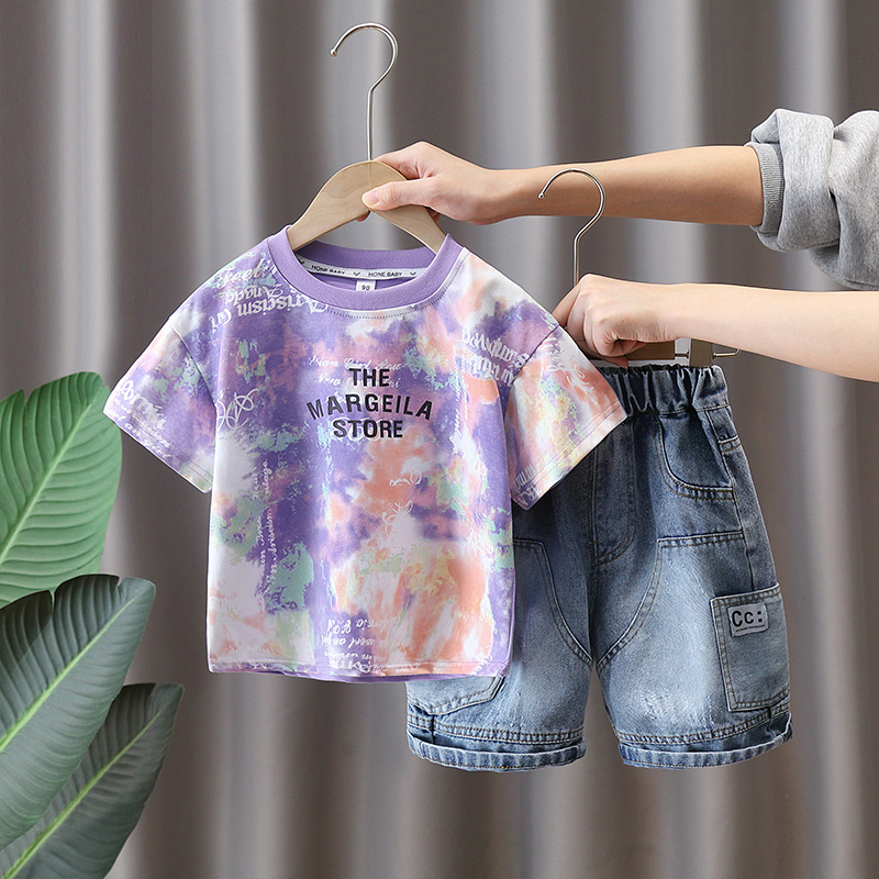 7289 Traje de verano para niños 2025 Nueva camiseta de manga corta con estampado de tie-dye para niños Verano fresco y atractivo de dos piezas Verano 5
