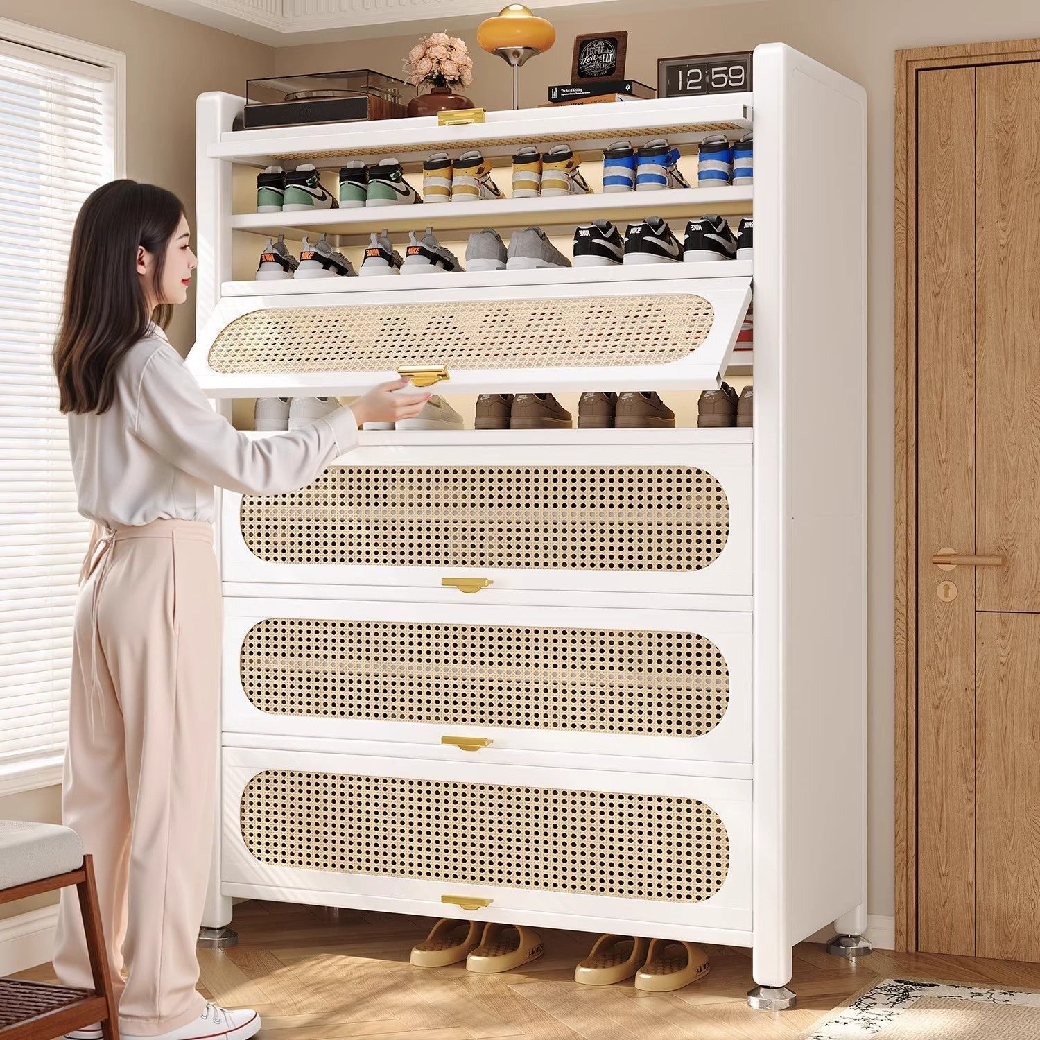 Steel Shoe Cabinet for Home Use, Integrated Against the Wall, Indoor Multi-Layer Storage Cabinet, Floor-Standing, Large Capacity, Dust-Proof Shoe Rack