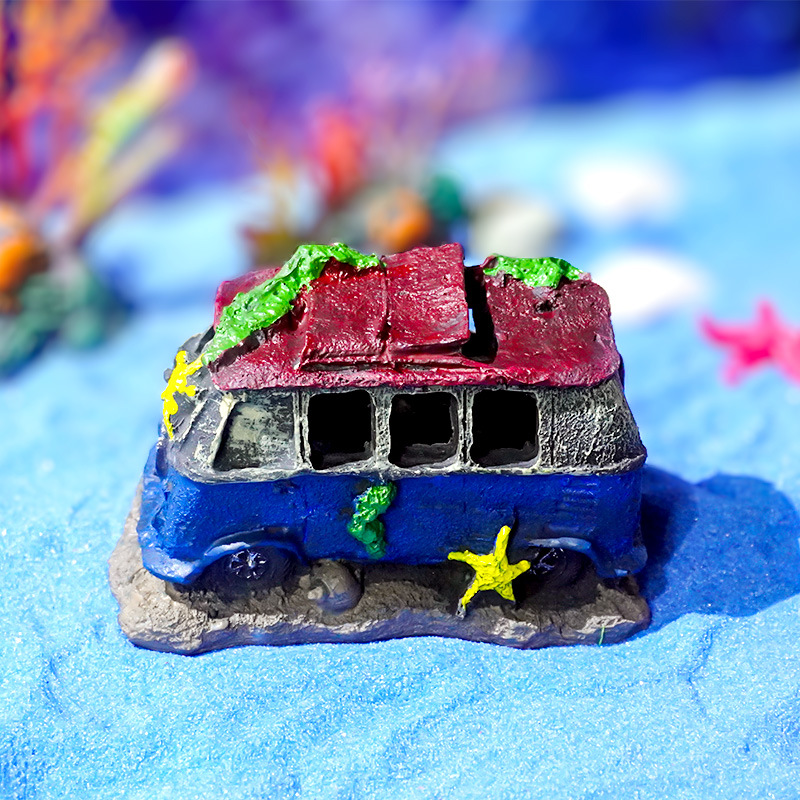 Venta caliente decoración de acuarios restos de coche pecera paisajismo resina pescado camarones adorno esquivar coche viejo autobús spot