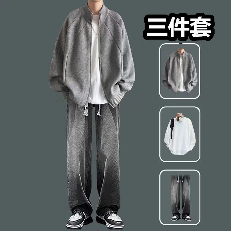 男装感穿搭套装针织开衫男士秋冬季美式复古毛衣拉链设计外套|undefined