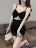V-neck low cut mesh transparent camisole dress with a design sense and temperament， tight fitting waist and buttocks sho