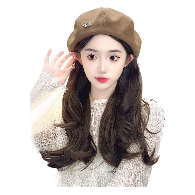 Sombrero de pelo rizado integrado nueva Peluca de las mujeres moda boina pelo micro volumen simulación integrado de pelo largo rizado pelo completo cubierta de la cabeza