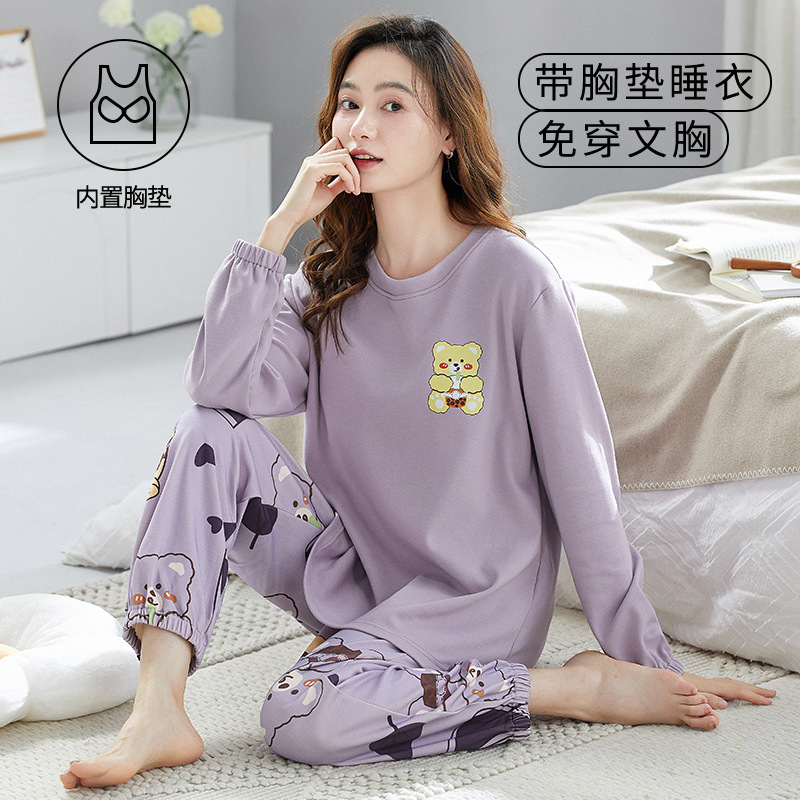 Autumn 2023 new long-sleeved cute cartoon ladies pajamas set can be worn outside with chest cushion home wear