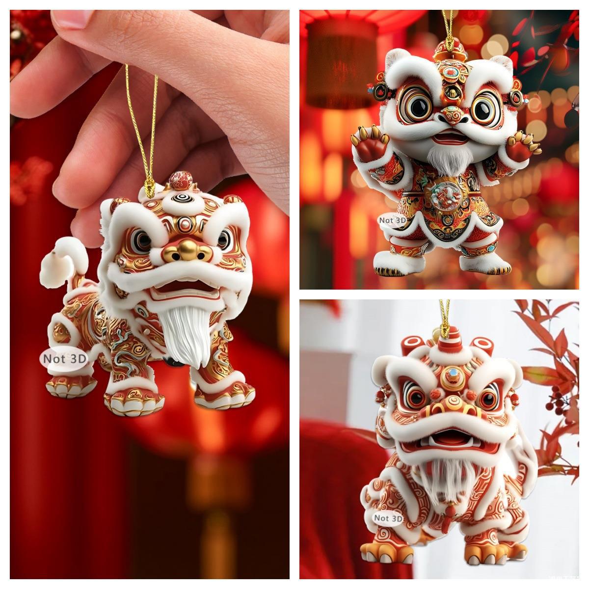 中式创意爆款国潮醒狮2D平面亚克力汽车背包挂件舞狮公仔钥匙扣