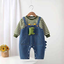 婴幼儿春秋牛仔背带裤套装男宝宝卡通可爱洋气超萌体恤外出爬服
