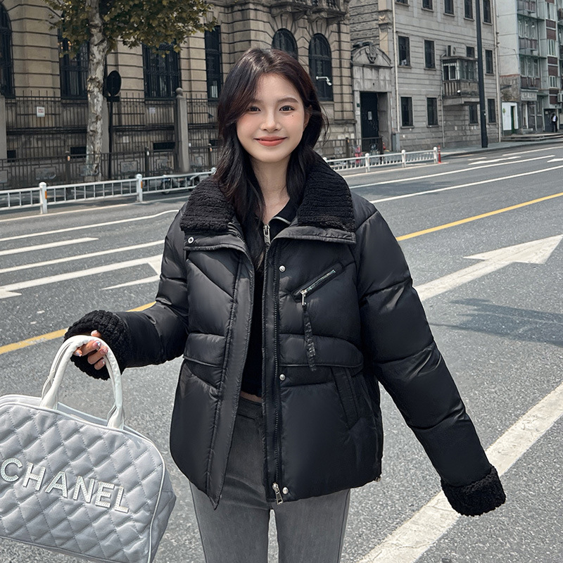 Cordero gran solapa extranjera ropa de algodón plumón ropa de invierno de mujer nueva chaqueta de algodón corta suelta de tamaño grande grueso abrigo