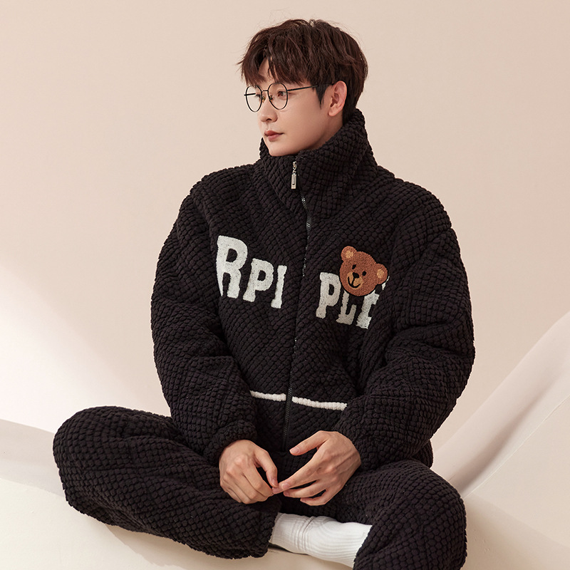 2023 simple youth coral fleece zipper clip cotton pajamas men's autumn and winter suit thickened home wear flannel