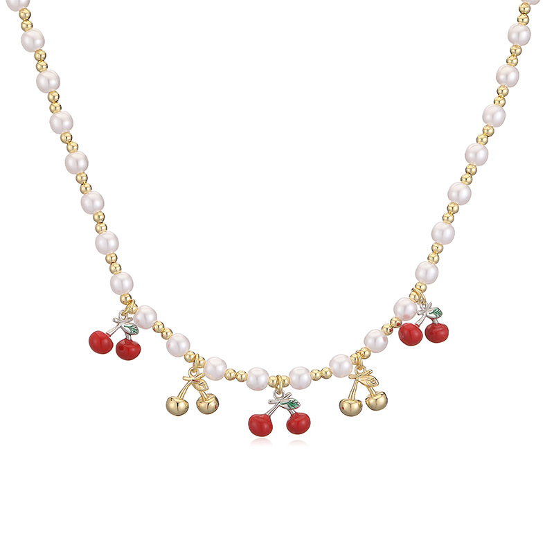 Copper Material Cherry, Strawberry Pattern Wholesale Jewelry Sweet Cherry Strawberry Copper Enamel Multi Charms Necklace