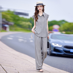 2025 新しい夏の女性のラペルノースリーブシャツトップスとスリムワイドレッグパンツツーピースファッションスーツ GE2556