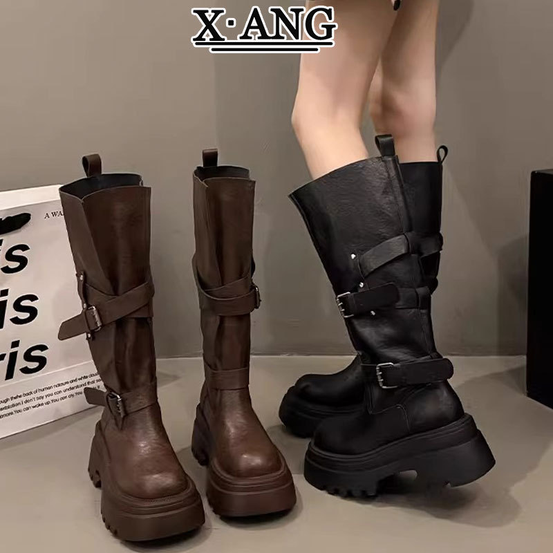 牛皮版厚底增高小个子棕色长筒靴女不过膝骑士靴高筒靴西部牛仔靴|undefined