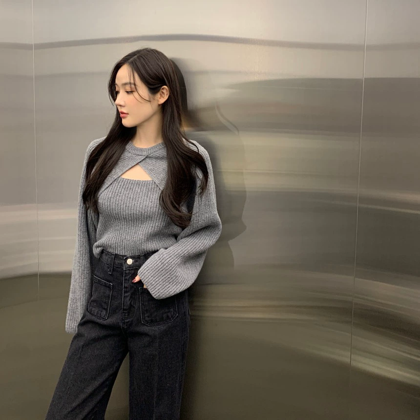 Корейский шикарный осенне-зимний новый французский нишевый дизайн, шаль, свитер с длинными рукавами + вязаный камзол, комплект из двух предметов