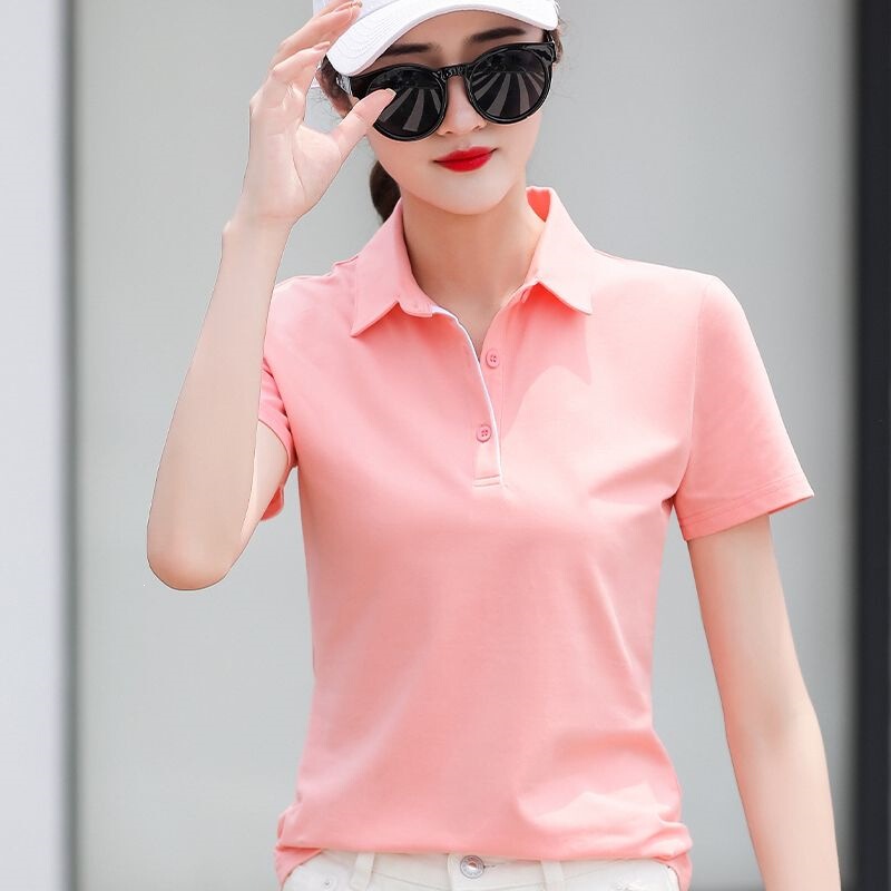 Authentic Collared Solid Color Cotton T-Shirt for Women, Sports Casual Short-Sleeve Polo Shirt, Workwear Women's Top t