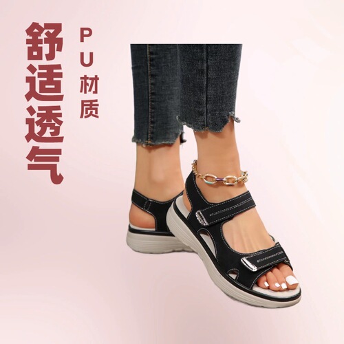 New large size casual sandals, women's sports style velcro, in-line fish mouth, 43 size flat bottom