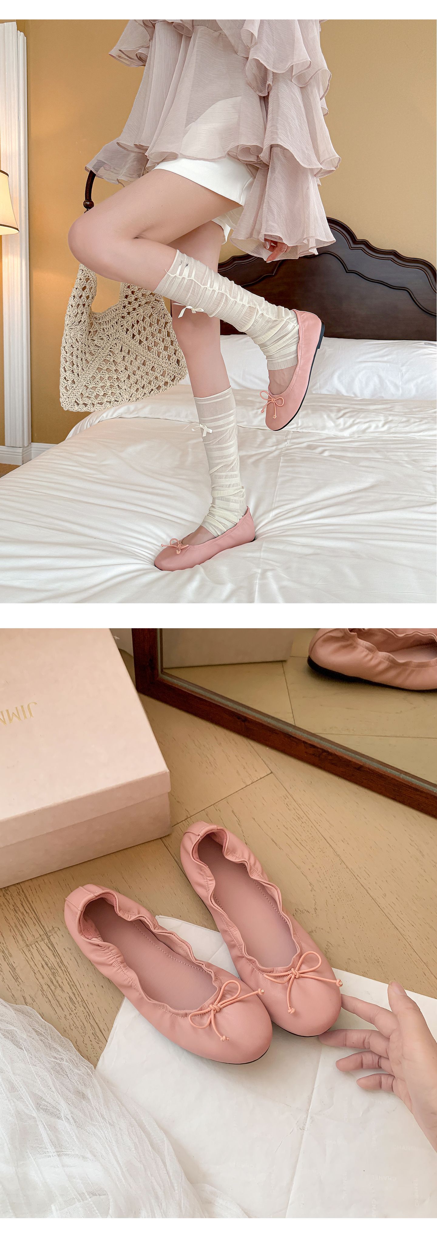Giày ballet nữ mũi tròn buộc dây nơ, đế mềm, miệng nông — màu nâu chi tiết 18