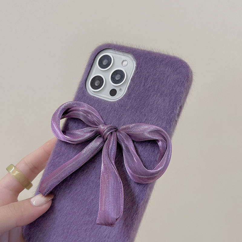 Plush Silk Bow Phone Case For Iphone 15 14 Pro Max Women Cover_voghion.com