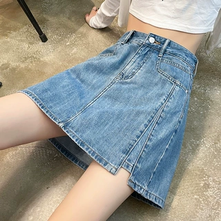 浅蓝开叉牛仔短裙女夏装高腰显瘦大码包臀A字半身裙有内衬防走光