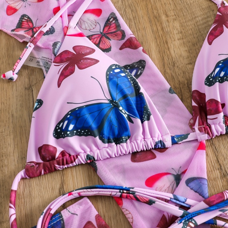 Nuevo traje de baño europeo y americano traje de baño de cuatro piezas para mujer con estampado de mariposa cordón sexy bikini