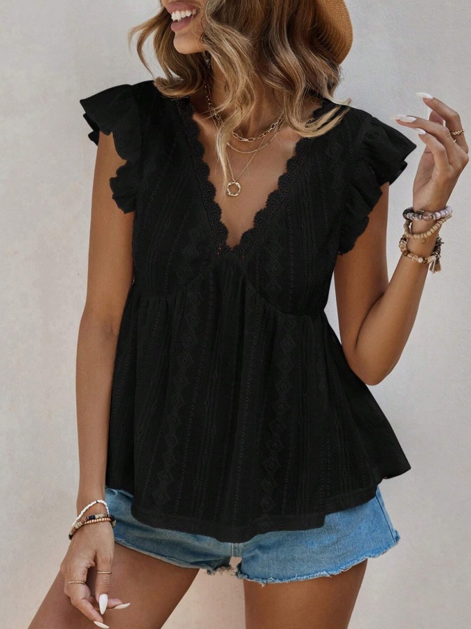 2026 European And American Cross Border Women's Spring And Summer New Fashionable Hollow V-neck Lotus Leaf Short Sleeved Lace T-shirt Top_ecoleips.com