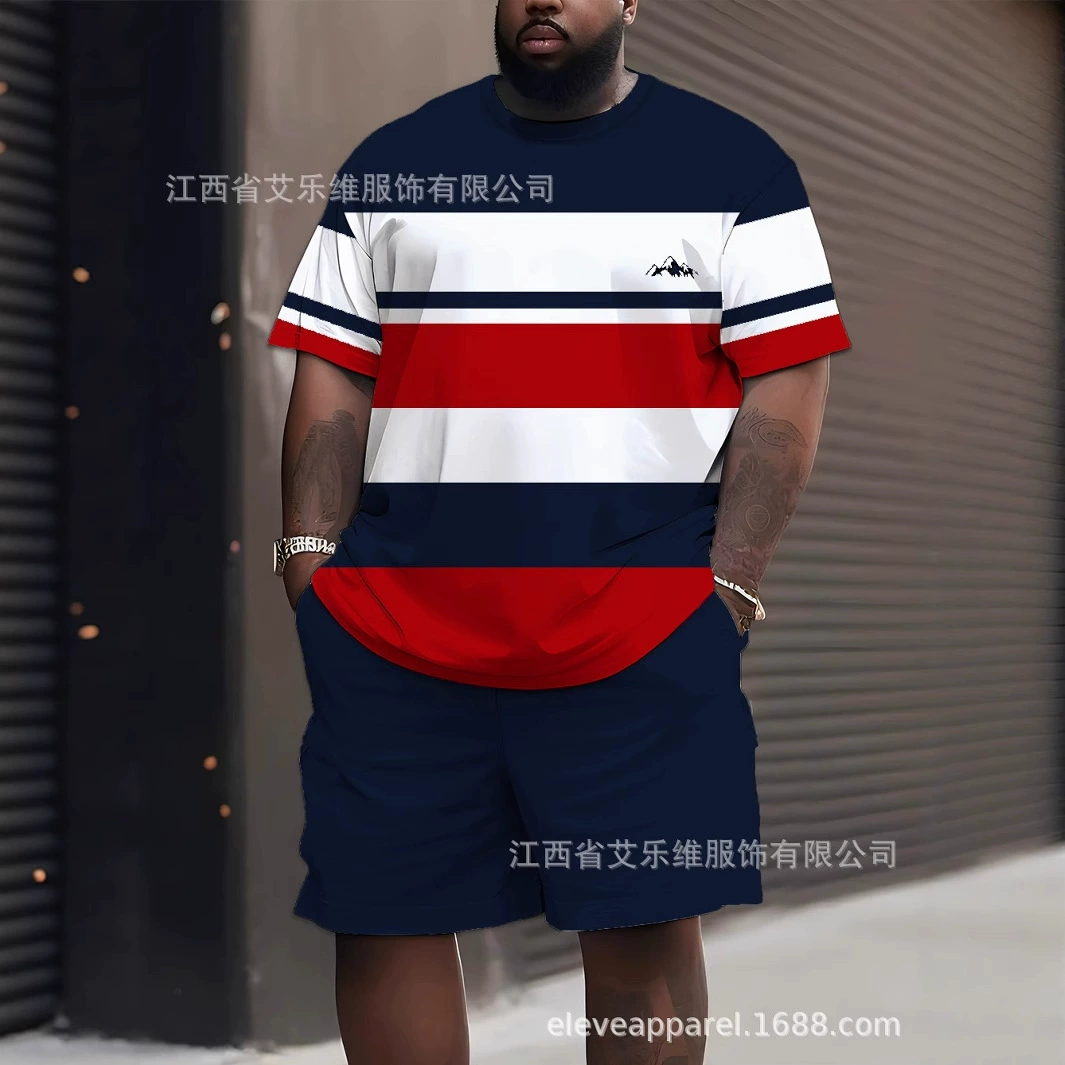 Европейские и американские новые четырехсезонные шорты в простую полоску в освежающем стиле с трансграничной 3D-цифровой печатью, костюм большого размера с короткими рукавами