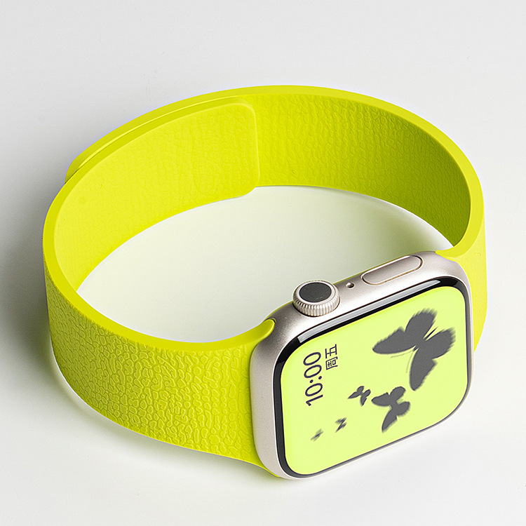 Suitable for Apple S10 Fluorescent Green Silicone Strap Iwatch11 Lychee Pattern Applewatchs9, S8 Magnetic Attraction