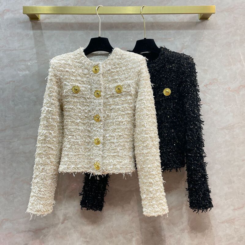 Three-Color Tassel Fringe Tweed Jacket with Gold Thread, Women's Chanel-Style Metal Button Tweed Top, Short Blazer