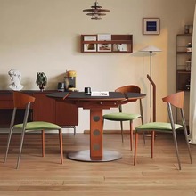 圆形复古岩板伸缩餐桌家用小户型实木包豪斯折叠圆桌方圆两用饭桌