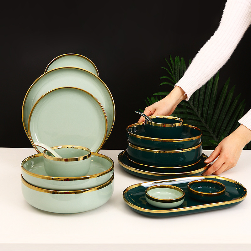 Light Luxury Gold-Rimmed Jingdezhen Ceramic Tableware Set for Hotel and Home Use, Nordic Style Bowls and Plates