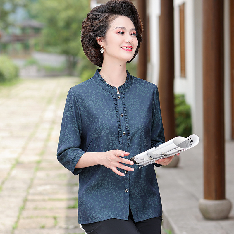 Middle-aged and Elderly Women's Summer Cotton Half-sleeved Shirt Mother's Summer Dress Old Lady's Western-style Printed Loose Shirt Thin