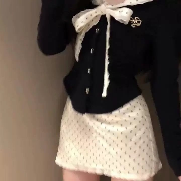 甜辣风蝴蝶结绑带恤套装女秋高腰波点包臀半身裙修身长袖上衣|undefined