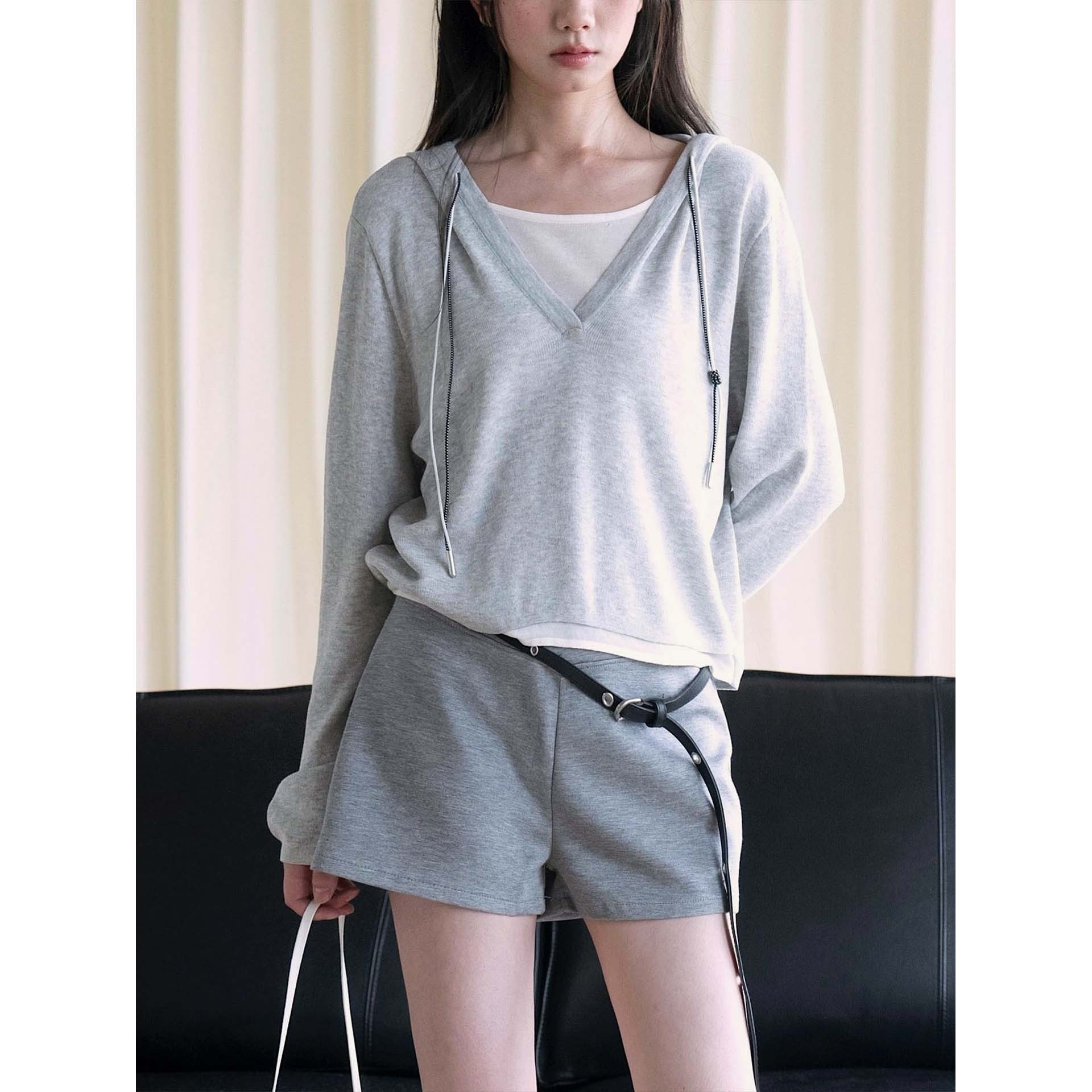 Louvre Autumn New Korean Style Fashionable Lazy Tencel Linen Faux Two-Piece V-Neck Knitted Top for Women