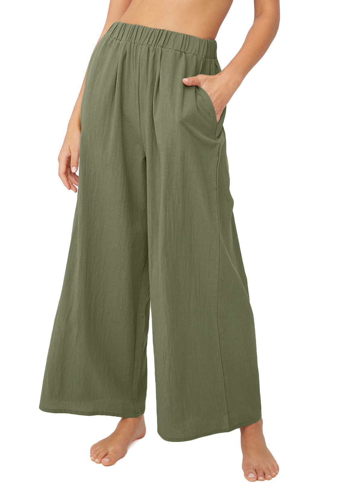 Effortless High-Waisted Wide-Leg Linen-Blend Trousers For Women, Comfortable Loose Fit Casual Palazzo Pants_ecoleips.com