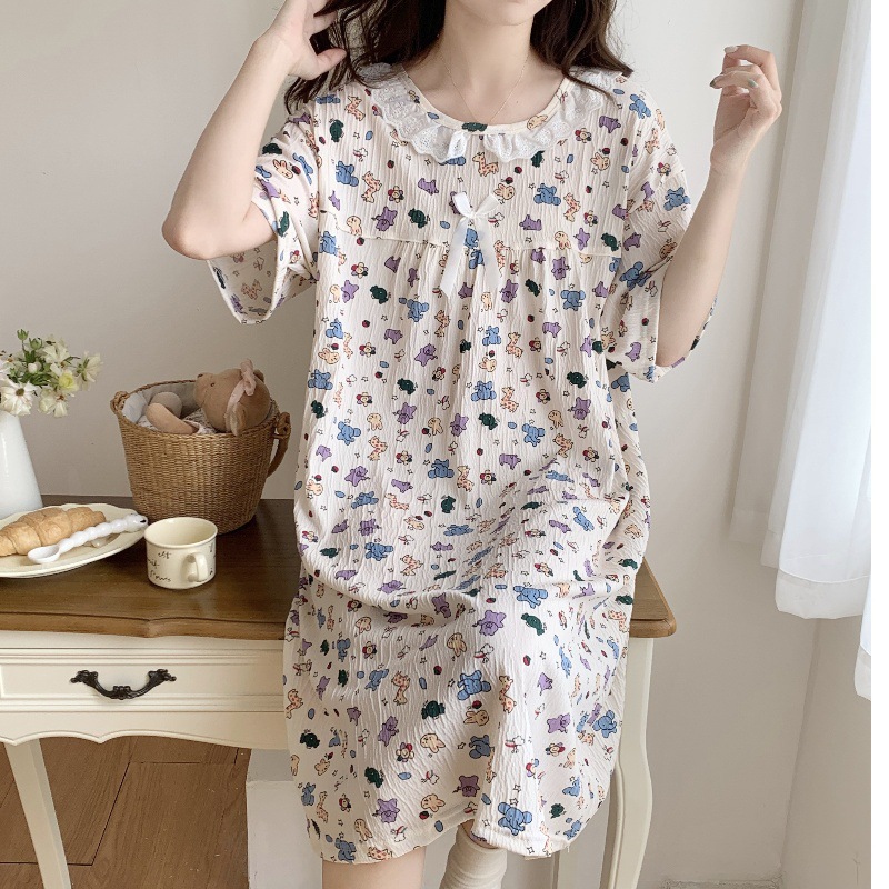 Verano 2024 vestido de pijama de niñas encaje de algodón tela arrugada dibujos animados manga corta media y larga lindo dulce ropa de hogar estudiantil