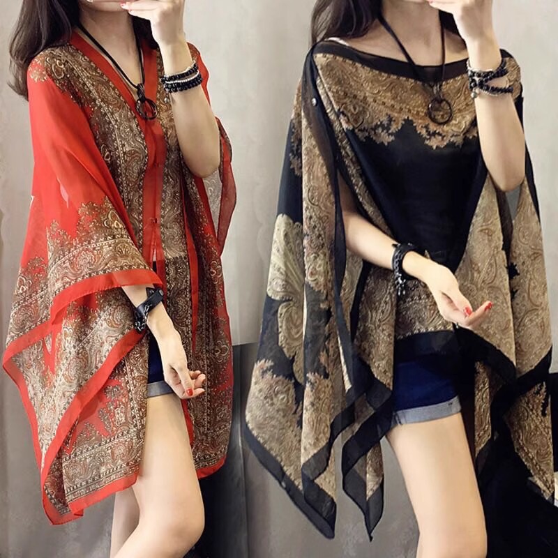 2026 New Style Shawl Summer Beach Sun Protection Chiffon Shirt Jacket Scarf Shawl Dual-Use Silk Scarf Gauze Scarf for Women