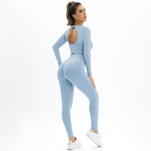 Cross-border seamless knitted backless high-elastic peach hip-raising high-waisted long-sleeved yoga running fitness suit