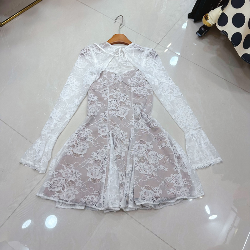 French Lace Camisole Dress with Bell Sleeves, Long Sleeves, and a Two-Piece Set with a Lace-Up Shawl A1 # 1082