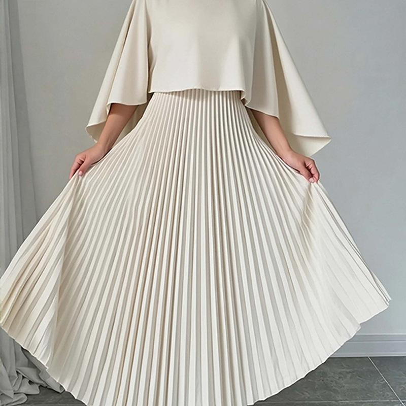 Spring 2026 New Women's Clothing, Cape Elegant Solid Color Round Neck Pleated Slim Fit Fashion Suit_ecoleips.com