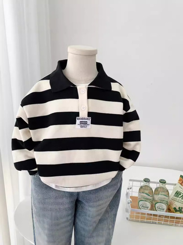 Children's Spring and Autumn Fashion Korean Version 2024 New Arrival Middle and Big Kids Loose Striped Alphabet Boy Long Sleeve Hoodie Trendy